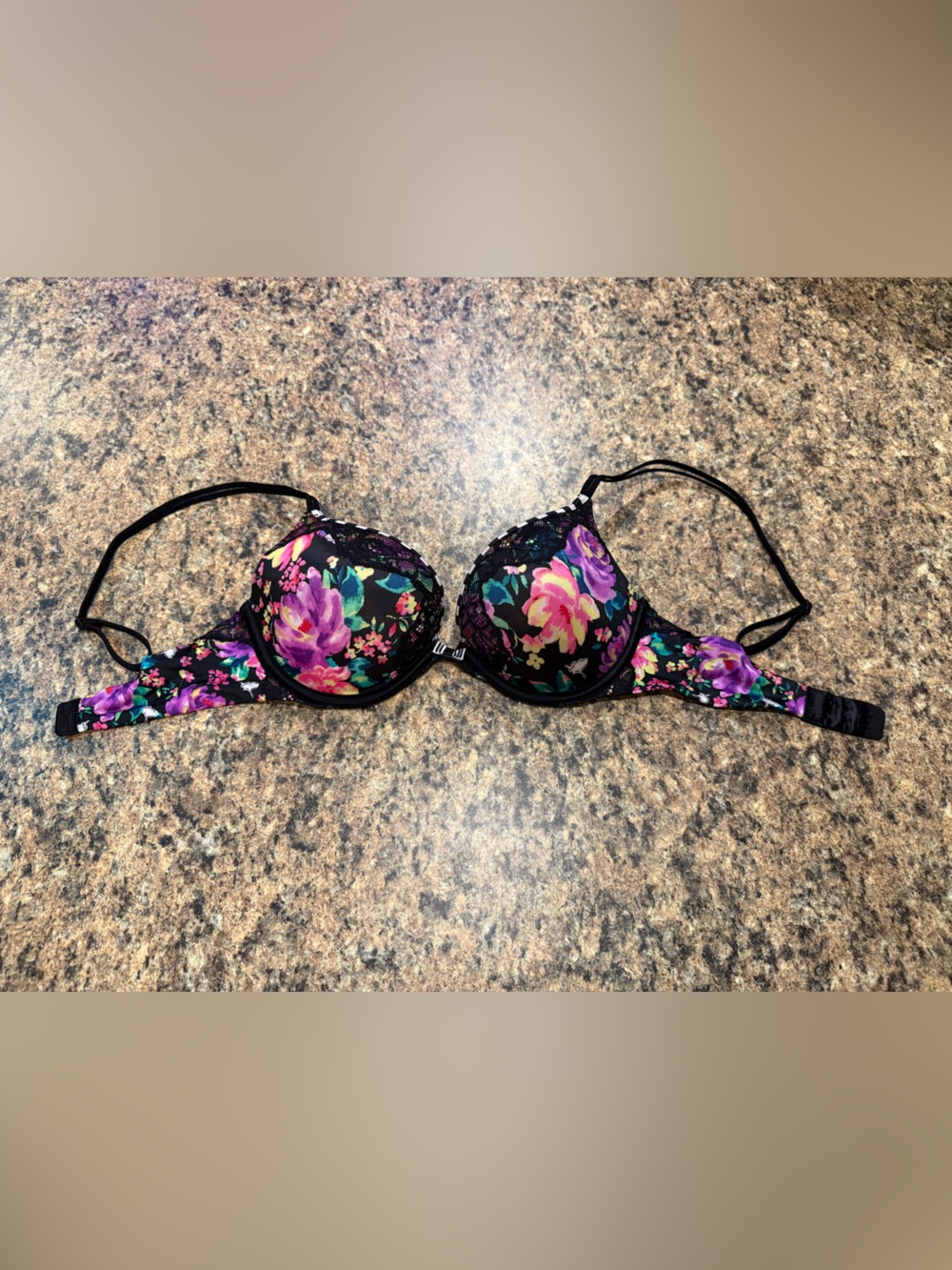 Victoria’s Secret Floral Lace Trim Black Push-Up Bra - Purple & Pink Flowers